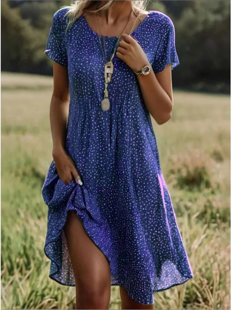 Boho Floral Print Dress – Casual Summer Pullover with Short Sleeves & O-Neck