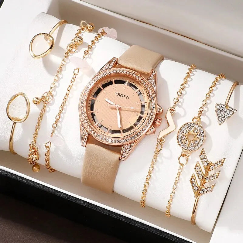 Women's Fashion Quartz Watch – Luxury Khaki Leather Band with Bracelet Set