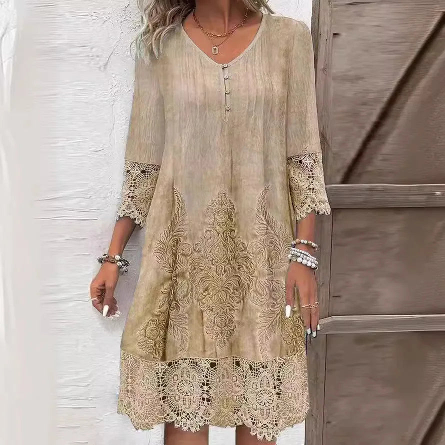 Solid Color Lace Dress – V-Neck Button Design, Loose Fit for Spring & Summer