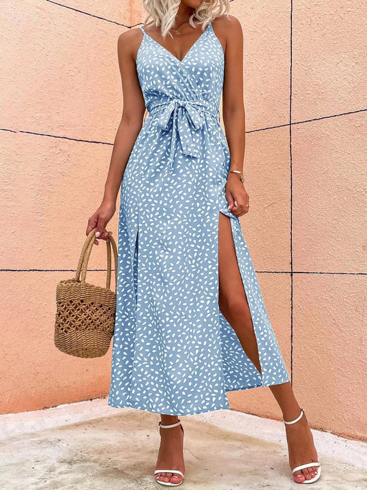 Women’s Summer Floral Print Midi Dress – Backless Lace-Up, Slit Beach Sundress