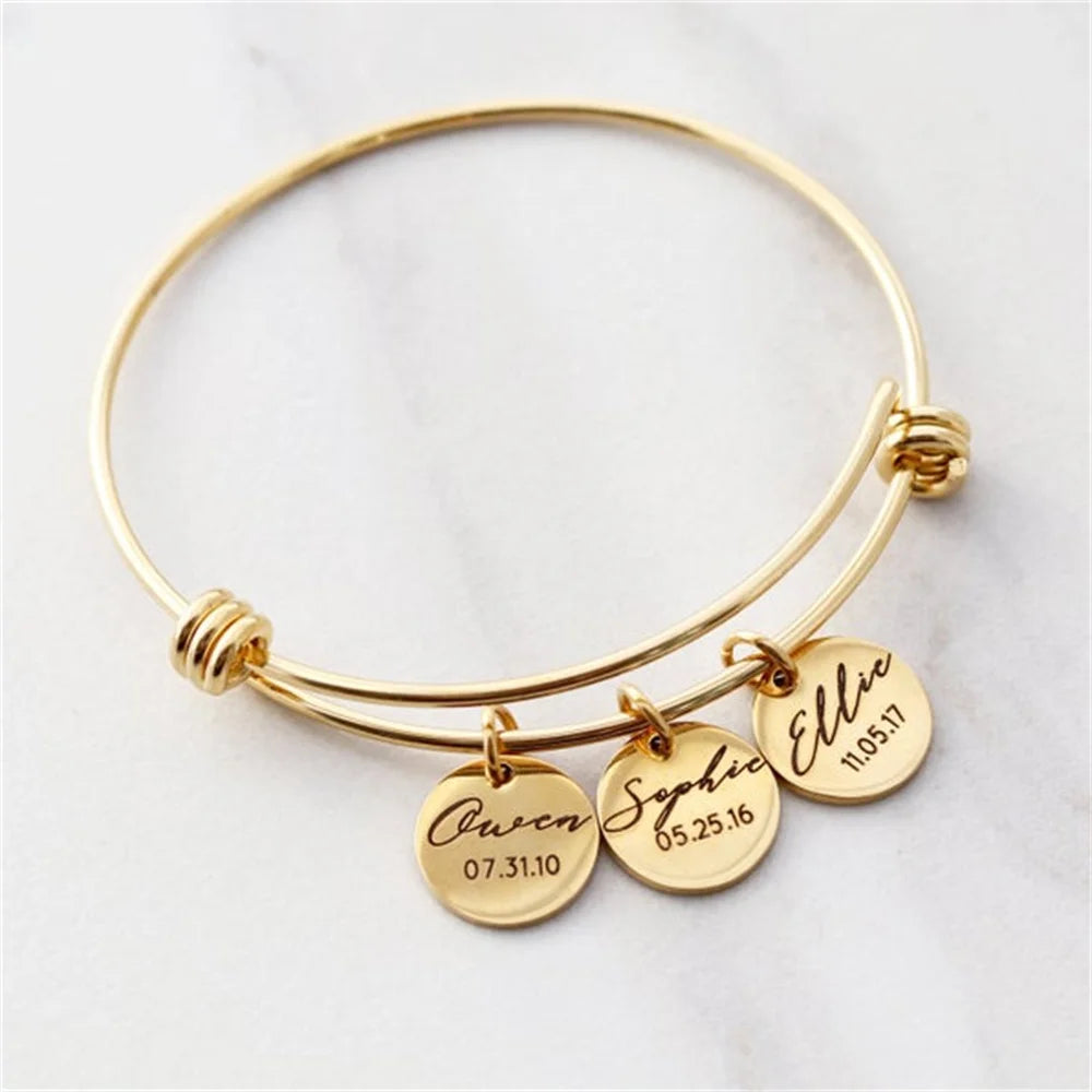Custom Engraved Name Bangle – Adjustable Heart Pendant Bracelet for Women