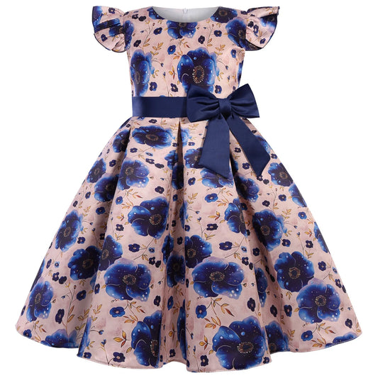2-10 Years Girls Dress Summer Flowers Flying Sleeves Bow Girls Princess Dress Host Performance Costumes New Fashion Kids Clothes