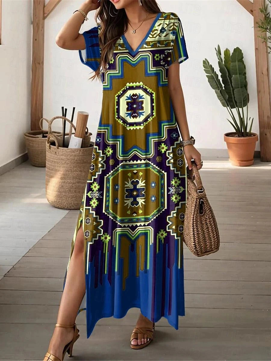 Women’s V-Neck Bohemian Dress – Short Sleeve Summer Skirt with Slit