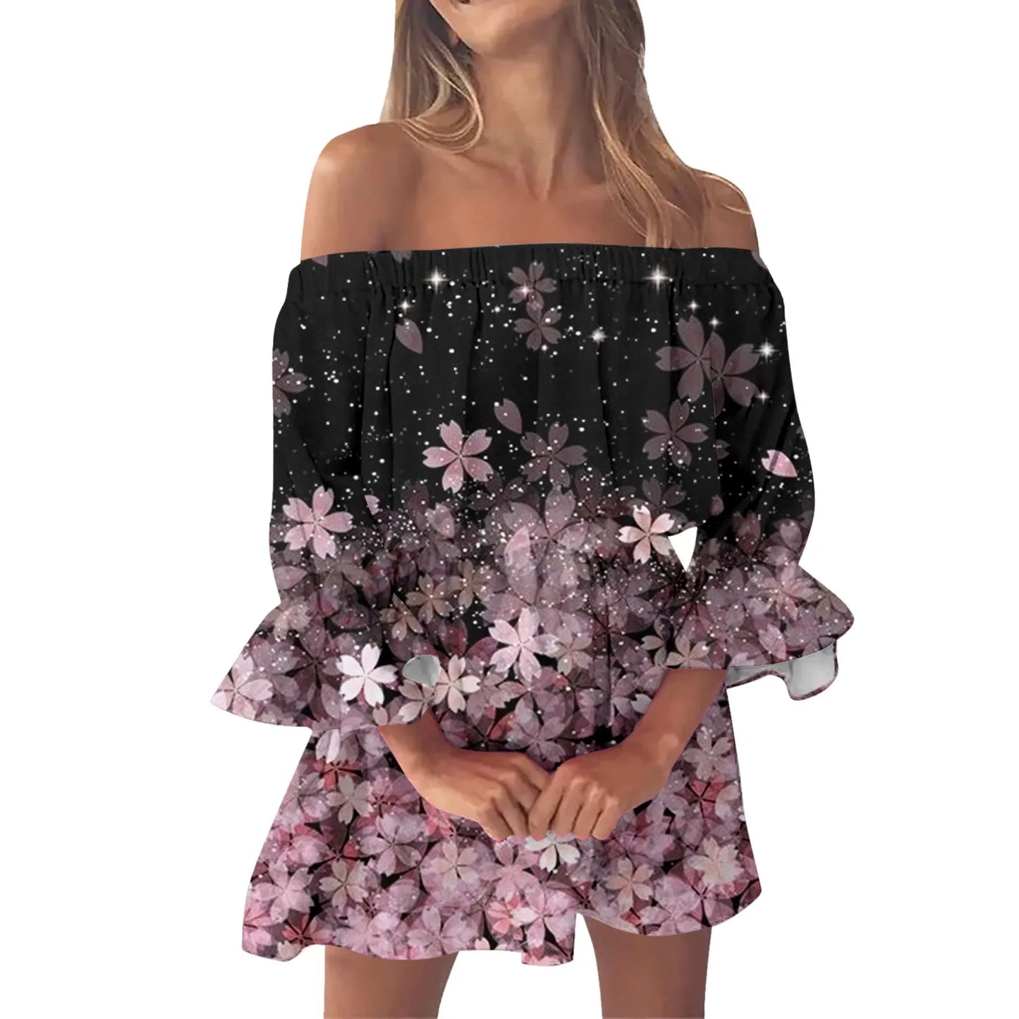 Women’s Gradient Off-Shoulder Boho Sundress – Summer Slash Neck with Ruffles