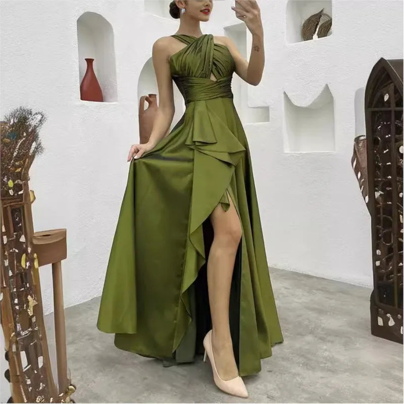 Elegant Sleeveless High Waist Ruffle Slit Corset Prom Dress