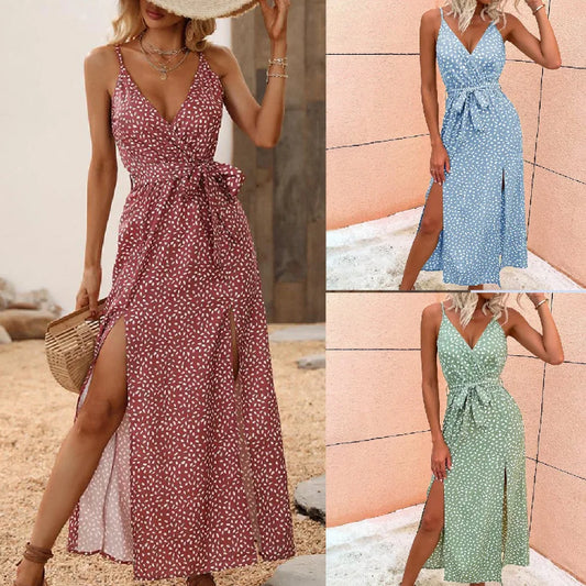 Women’s Summer Floral Print Backless Dress – Sexy Bandage Slit V-Neck Sundress