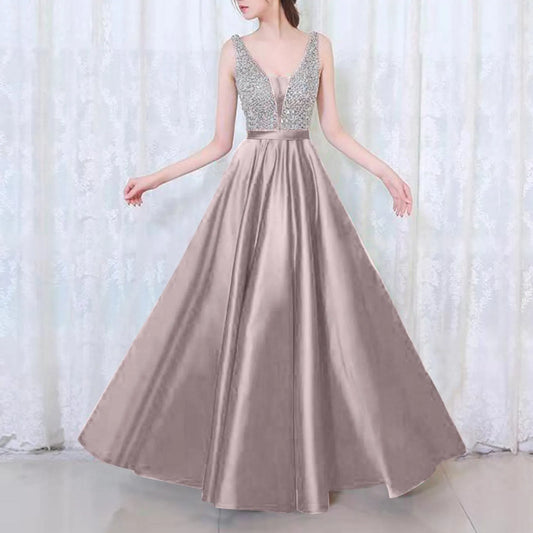 Sequin V-Neck Evening Dress – Elegant Sleeveless Sparkly Prom Gown