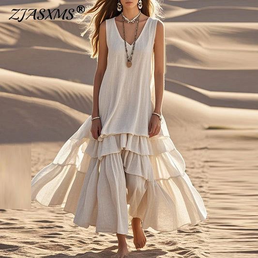 Women’s Retro Cotton Linen Pleated Maxi Dress – V-Neck Sleeveless Boho Beach Dress