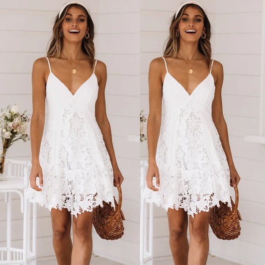 Women's White Lace Spaghetti Strap Mini Dress – Backless V-Neck Summer 2023