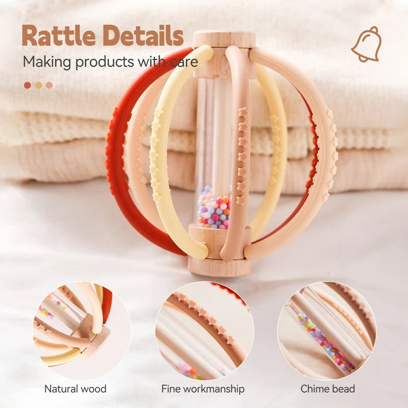 Wooden Baby Rain Drum Rattle with Silicone Teether – Sensory Toy for Newborns