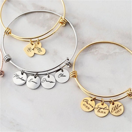 Custom Engraved Name Bangle – Adjustable Heart Pendant Bracelet for Women