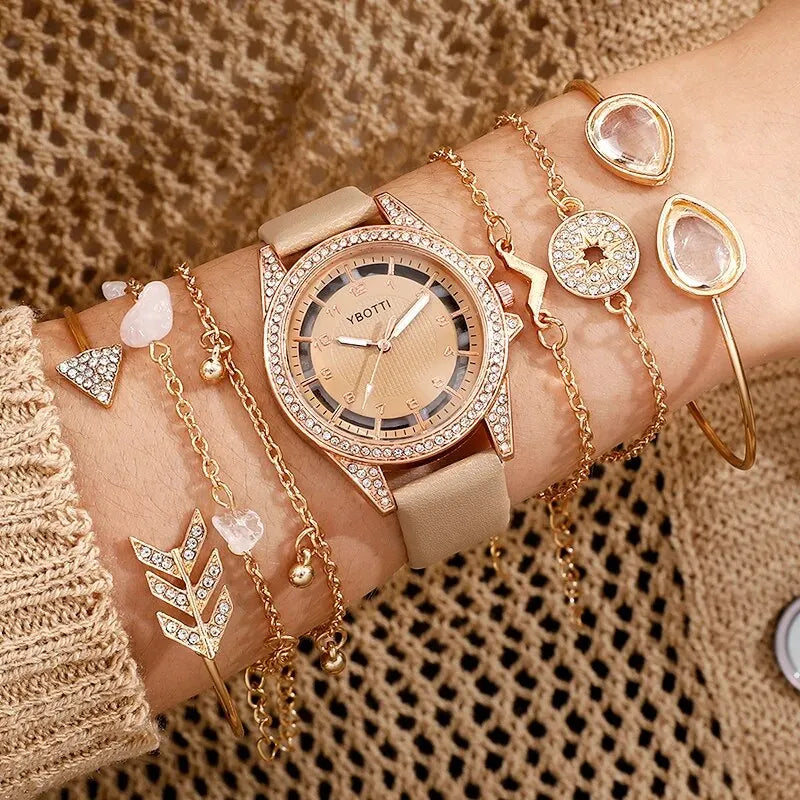 Women's Fashion Quartz Watch – Luxury Khaki Leather Band with Bracelet Set