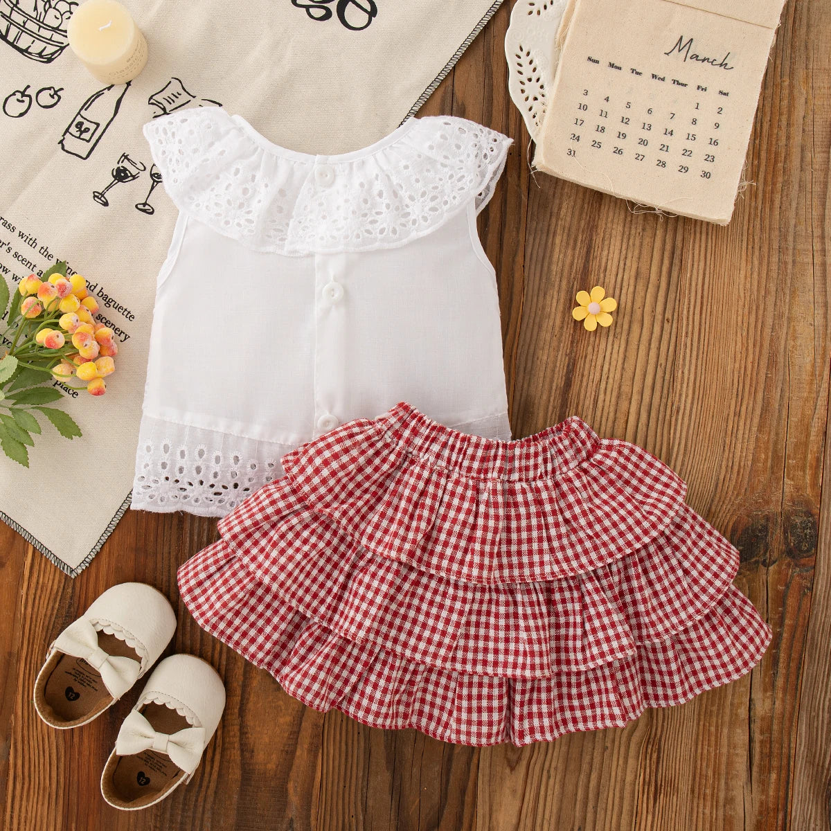 White Hollow Out Sleeveless Top+Plaid Skirt For Baby And Girl, Two-Piece Set,Summer New Children'S Clothing (9 Months -3 Years)