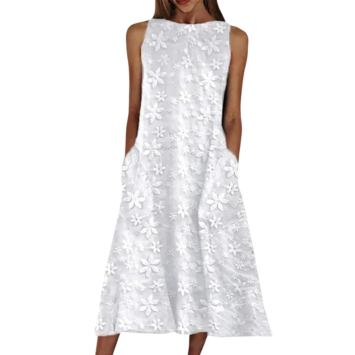Women's White Lace Crochet Sleeveless Beach Dress – Boho Summer Style