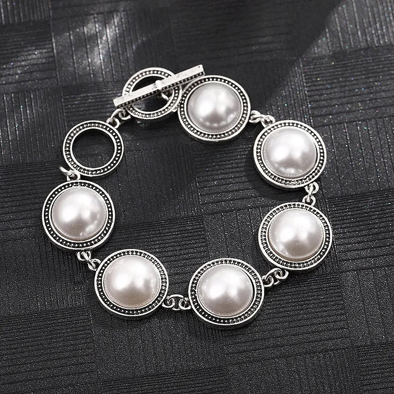 Bohemian White Pearl Bracelet – Vintage Silver Adjustable Ethnic Jewelry for Women