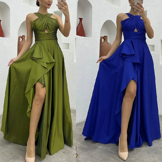 Elegant Sleeveless High Waist Ruffle Slit Corset Prom Dress