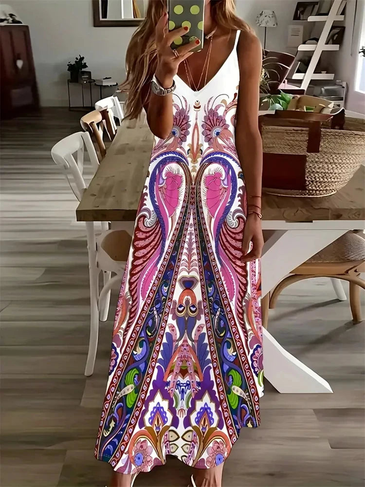 Women's Vintage Dreamcatcher Print Sleeveless Vest Dress – 2024 Summer V-Neck Halter