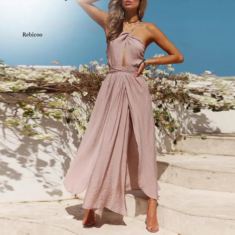 Women’s Summer Boho Maxi Dress – Backless Halter Beach & Evening Sundress