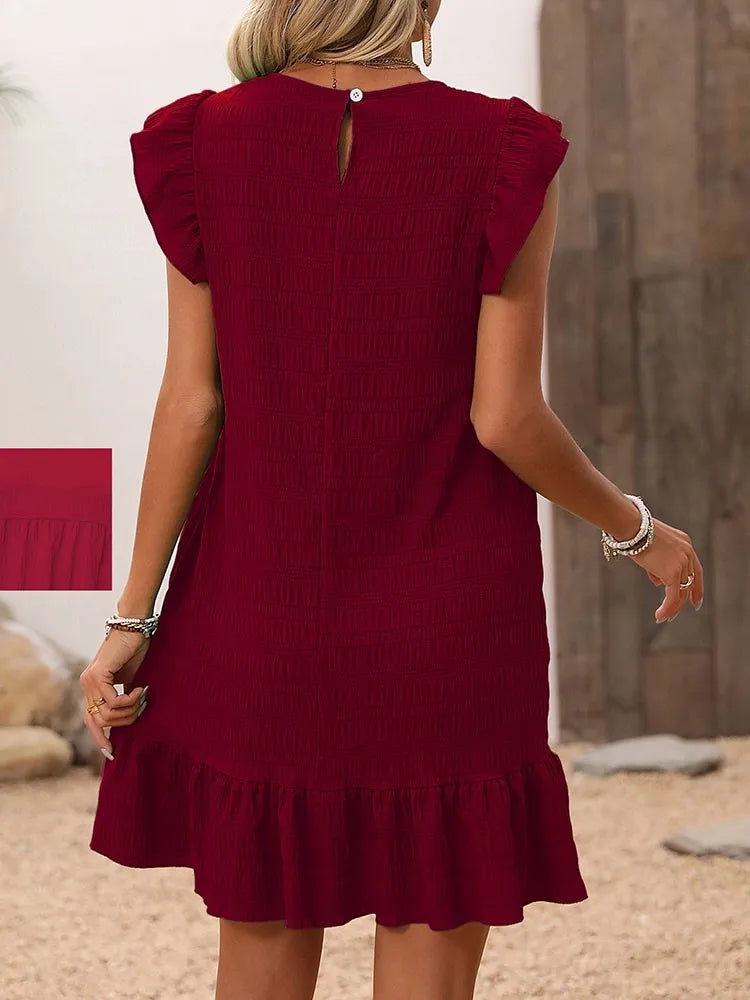 Women’s Summer O-Neck Pleated Sundress – Ruffle Sleeve Sweetheart Mini Dress in Green