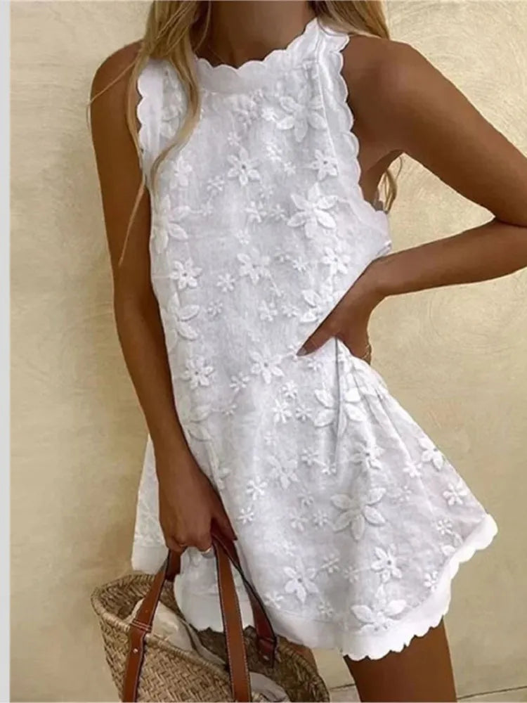 Women's 2024 White Lace Sleeveless Mini Dress – Casual Chic Summer Style
