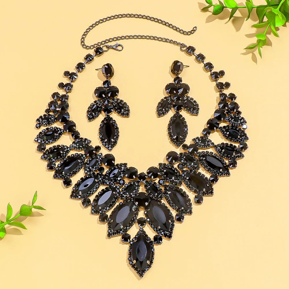 Stonefans Black Rhinestone Leaf Jewelry Set – Necklace & Earrings for Women