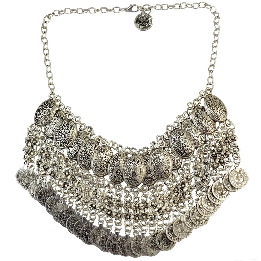 Afghan Boho Tassel Coin Necklace & Earrings Set – Ethnic Statement Jewelry