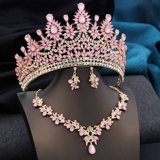 Pink Opal Bridal Jewelry Set – Tiara, Necklace & Earrings for Wedding or Prom
