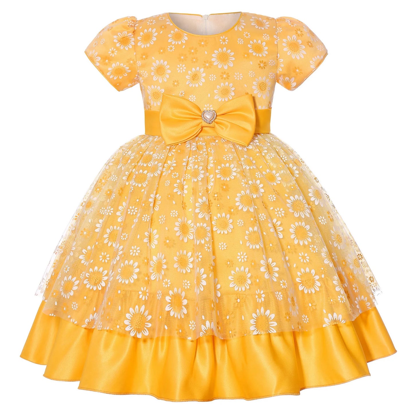 Cross-border special summer burst dress girls printed waist wedding dress flower girl short-sleeved princess puffy skirt