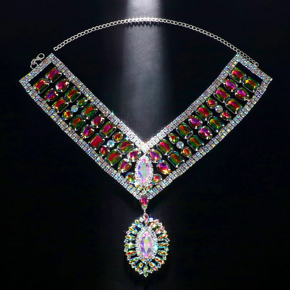 AB Color Rhinestone Jewelry Set – Statement Necklace & Earrings for Women