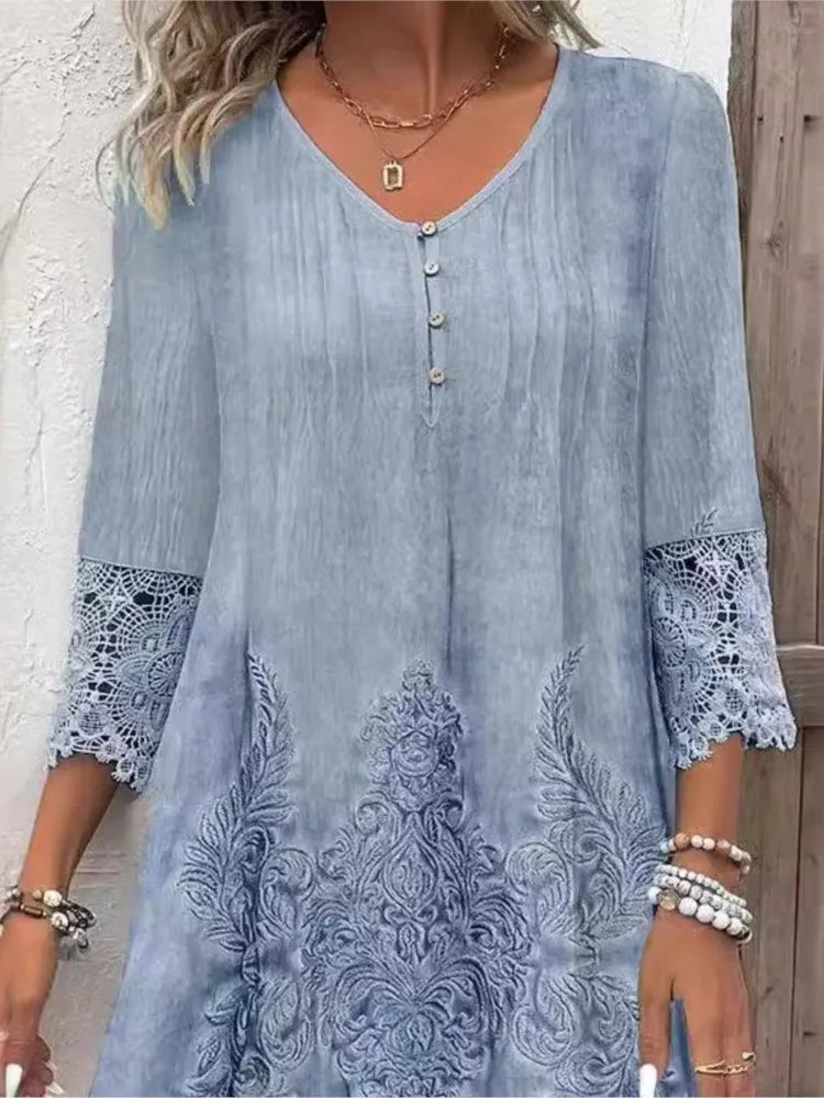 Solid Color Lace Dress – V-Neck Button Design, Loose Fit for Spring & Summer
