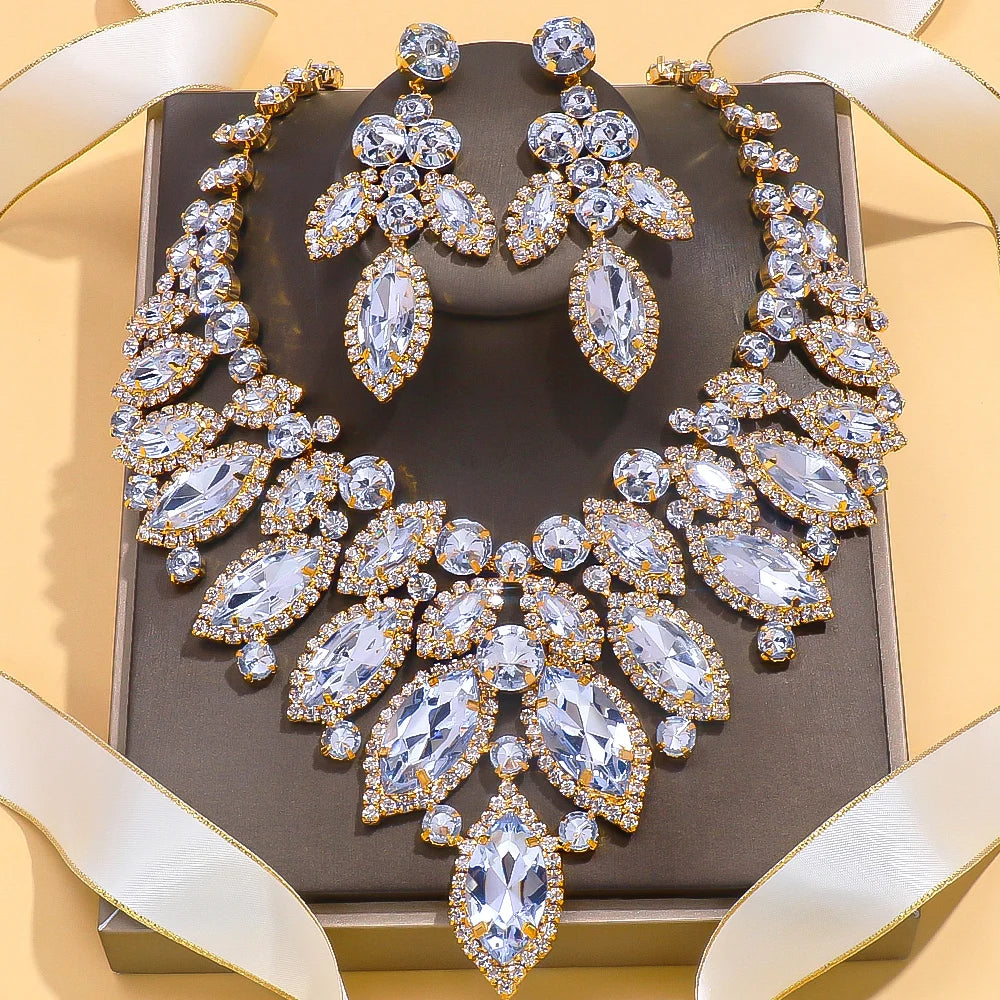 Exaggerated Leaf Rhinestone Jewelry Set – African Bridal Necklace & Earrings