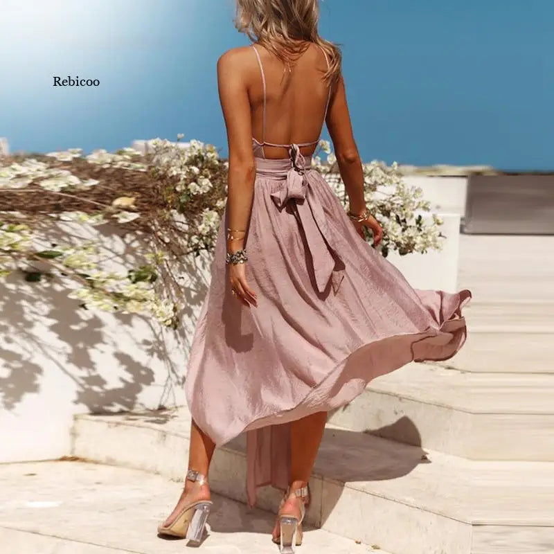 Women’s Summer Boho Maxi Dress – Backless Halter Beach & Evening Sundress