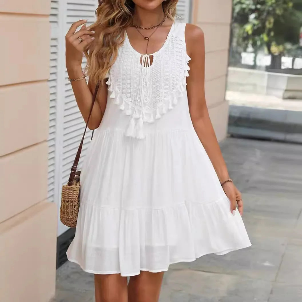 Fashion White Lace Tassel Mini Dress – V-Neck Sleeveless Beach Sundress for Women