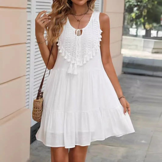 Fashion White Lace Tassel Mini Dress – V-Neck Sleeveless Beach Sundress for Women