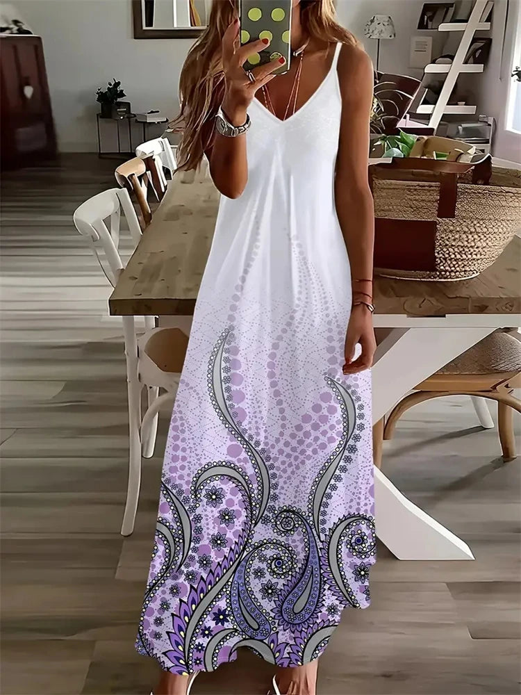 Women's Vintage Dreamcatcher Print Sleeveless Vest Dress – 2024 Summer V-Neck Halter