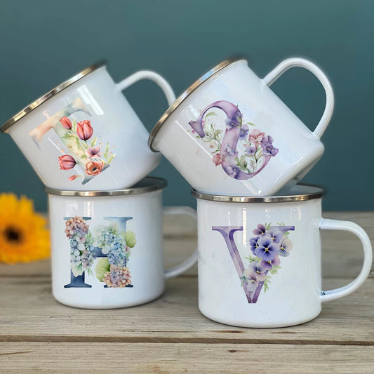 Personalized Floral Initial Mug – Monogram Coffee/Tea Gift for Weddings & Birthdays