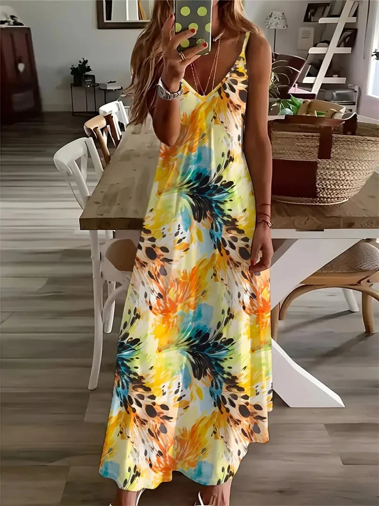 Women's Vintage Dreamcatcher Print Sleeveless Vest Dress – 2024 Summer V-Neck Halter