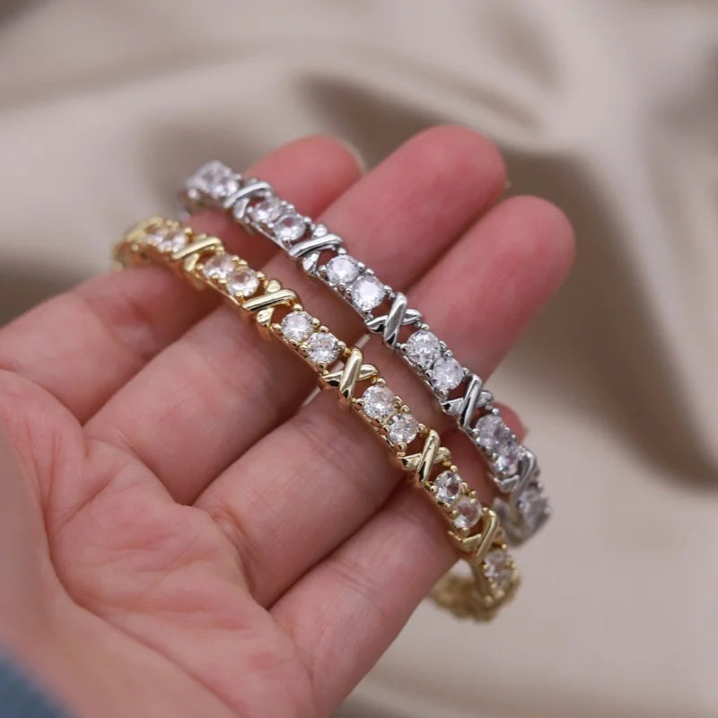 2024 French Design Two-Color Plated Zircon Letter X Bracelet – Elegant Women's Work Accessory