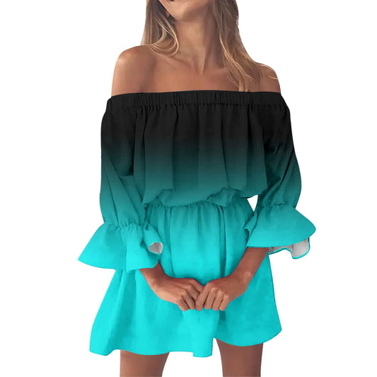 Women’s Gradient Off-Shoulder Boho Sundress – Summer Slash Neck with Ruffles