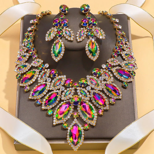 Exaggerated Leaf Rhinestone Jewelry Set – African Bridal Necklace & Earrings