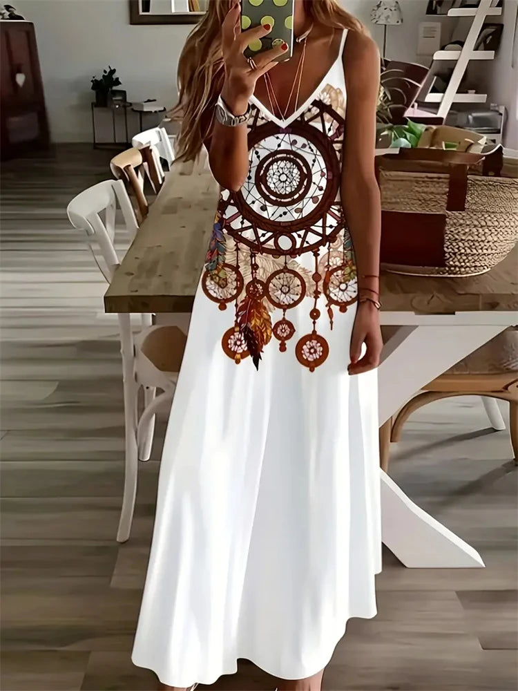 Women's Vintage Dreamcatcher Print Sleeveless Vest Dress – 2024 Summer V-Neck Halter