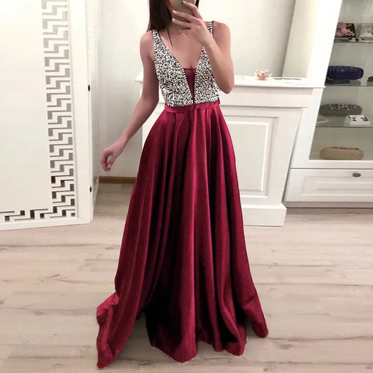 V-Neck Sequin Formal Gown – Sleeveless High-Waist Prom & Party Dress