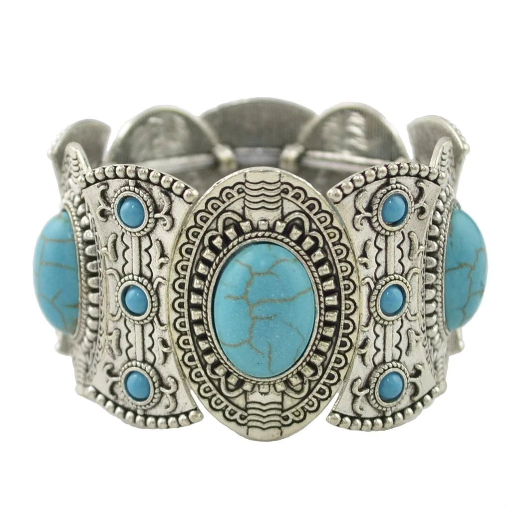 Gypsy Tribal Tibetan Bracelet – Boho Vintage Turquoise Elastic Bangle for Women