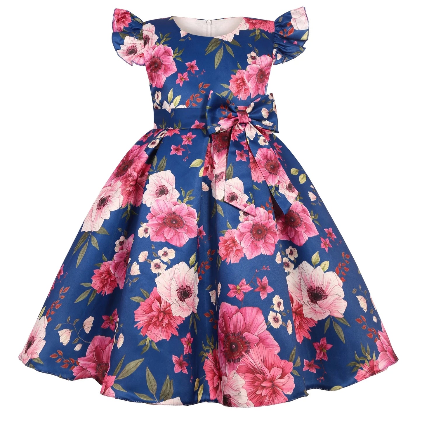 Cross-border special summer burst dress girls printed waist wedding dress flower girl short-sleeved princess puffy skirt