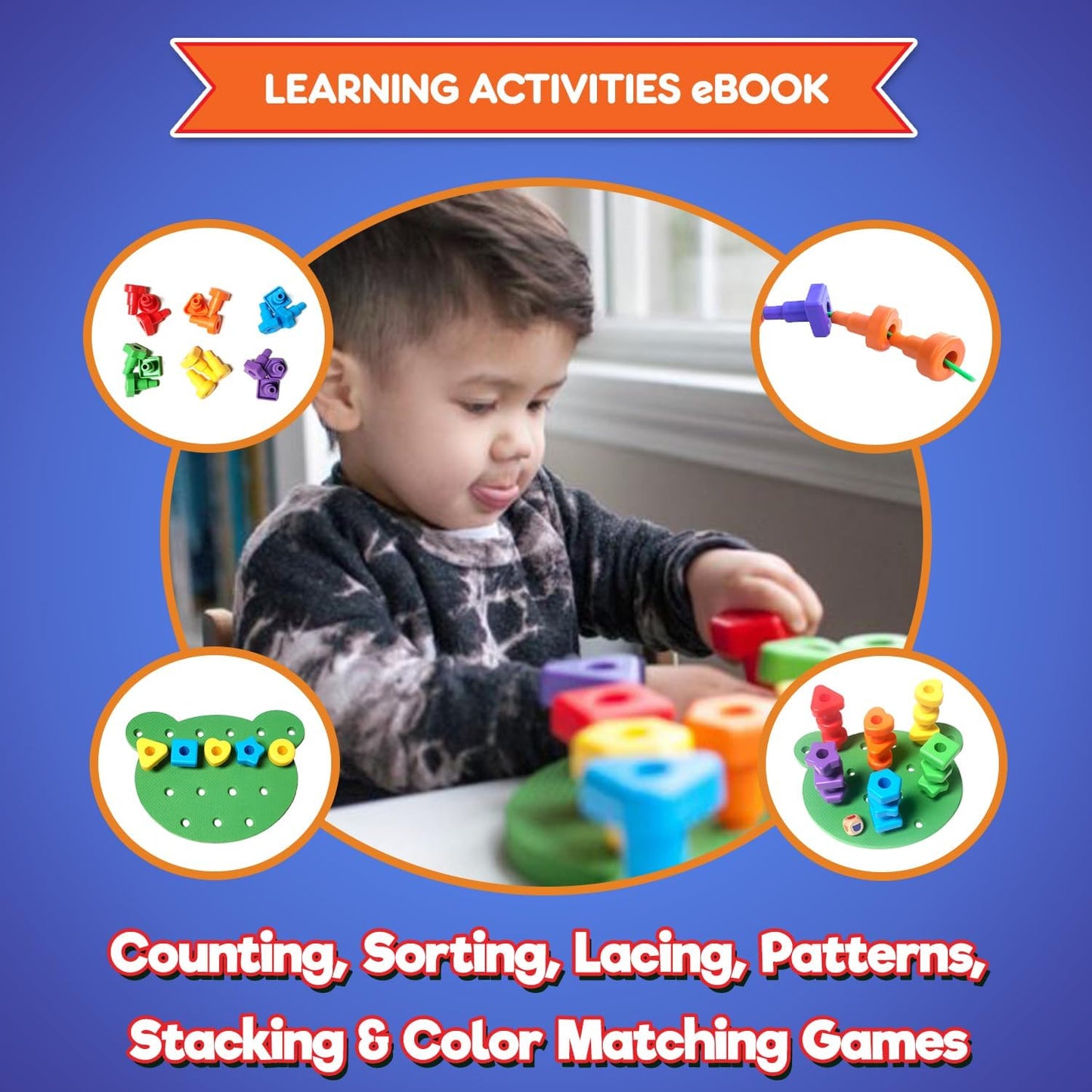 Jumbo Stacking Shapes Pegboard Set for Kids with 18 Pegs, 2 Wooden Dice, Lacing String & Storage Box (Standard Rainbow Colors)