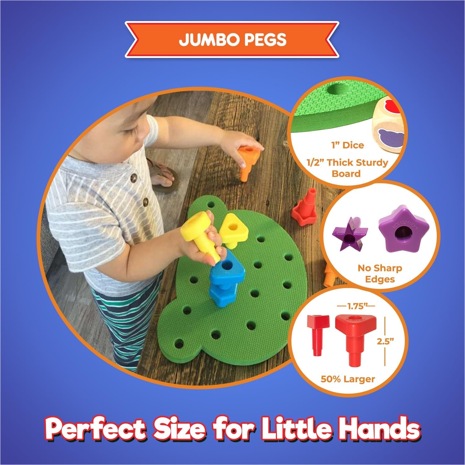 Jumbo Stacking Shapes Pegboard Set for Kids with 18 Pegs, 2 Wooden Dice, Lacing String & Storage Box (Standard Rainbow Colors)